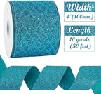 HUIHUANG Turquoise Glitter Wired Ribbon 4 inch Teal Christmas Tree Ribbon Diamond Mesh Wire Ribbon for Tree Decorations, Wreaths, Garland, Large Bows Making, Home Decor -10 Yards