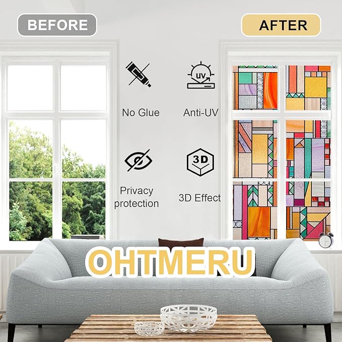 3D Stained Glass Window Privacy Film, Heat Control UV Blocking Static Cling Decorative Window Film for Bathroom,Front Door,Home Non Adhesive,23.6 x 35.4 inches Autumn Reverie