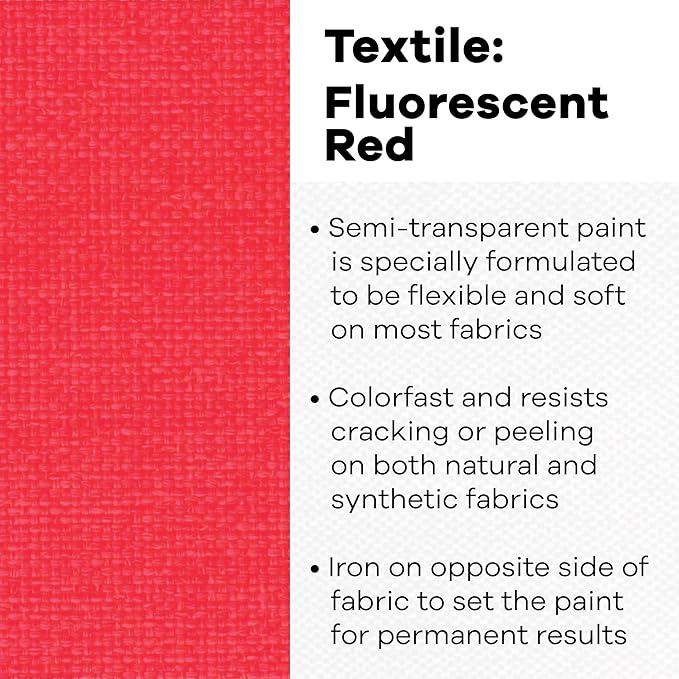 Jacquard Textile Color Fluorescent Red - Permanent Fabric Paint for Clothes, Furniture Upholstery, Shoes or Tote Bags – Indoor & Outdoor Fabric Paint – 8 Oz Jar, Upholstery Fabric Paint