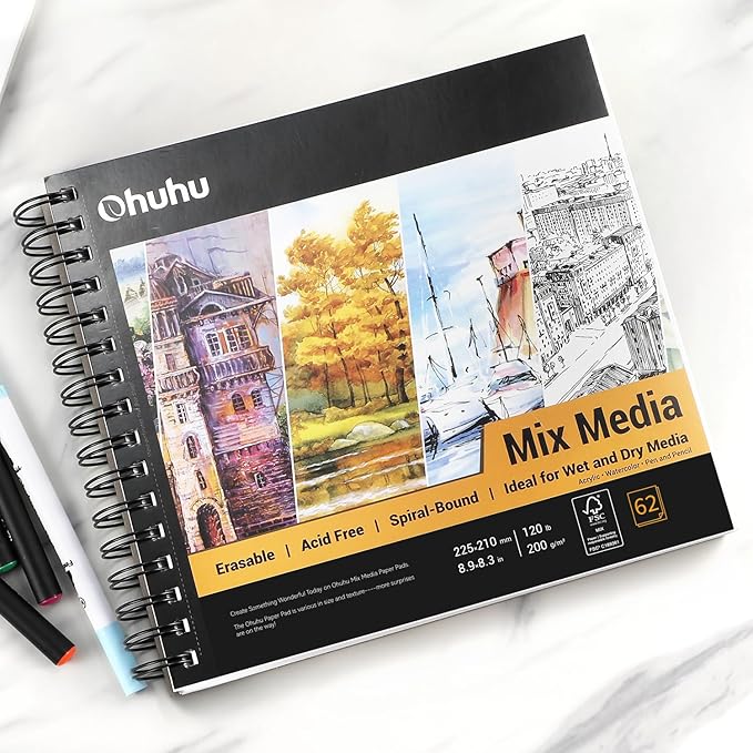 Mix Media Pad, Ohuhu Mixed Media Art Sketchbook, 120 LB/200 GSM Heavyweight Papers, 62 Sheets/124 Pages, Spiral Bound Mixed Media Paper Pad for Christmas Gift