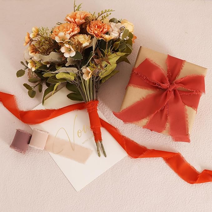 TONIFUL 4 Rolls Silk Chiffon Ribbon 1-1/2 Inch x 22 Yards,Orange Khaki Brown and Rust Handmade Fringe Terracotta Ribbon for Gift Wrapping Bridal Bouquets Crafts Wedding Fall Thanksgiving Decoration