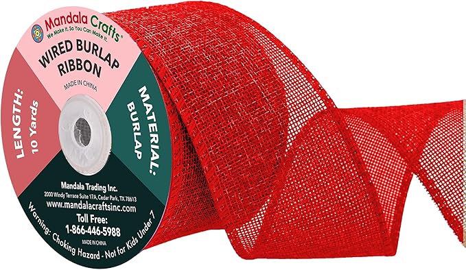 Mandala Crafts Red Burlap Wired Ribbon 2.5 Inches Wide Jute Ribbons for Crafts - 10 Yds Roll Rustic Burlap Wrap Trim Ribbons for Wreaths Bows Party Decoration