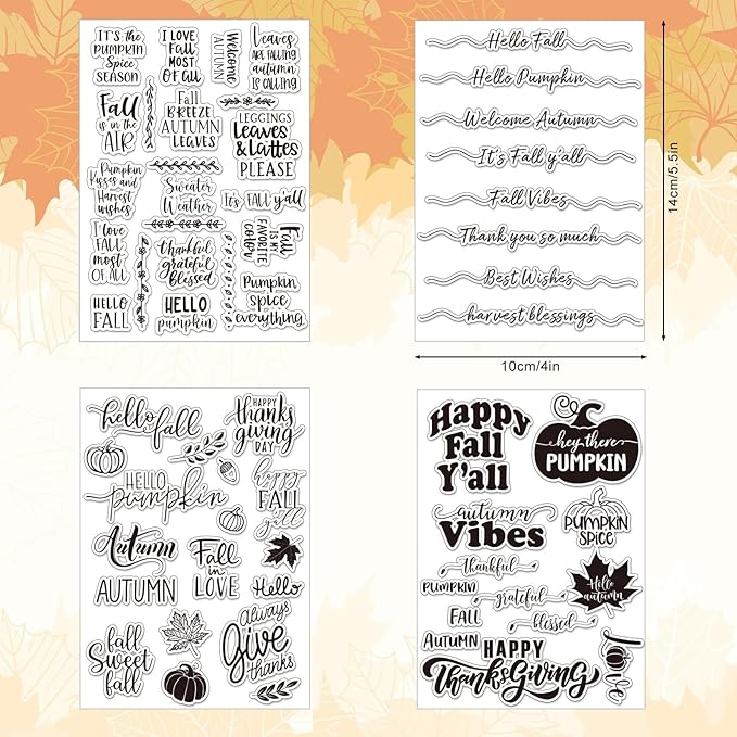 Whaline 4 Sheet Fall Thanksgiving Words Clear Stamps Greeting Words Pumpkin Maple Leaves Silicone Transparent Stamps Happy Fall Stamp Cards for DIY Craft Card Making Scrapbooking Embossing Album Decor