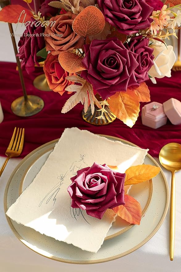 Floroom Artificial Flowers 16pcs 3.5" Real Looking Burgundy Foam Fake Hybrid Tea Roses with Stems for DIY Red Wedding Bouquets Bridal Shower Centerpieces Floral Arrangements Party Tables Decoration