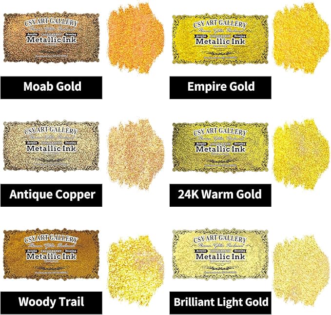CSY art gallery Metallic Acrylic Paint Ink-Water Resistant Drawing Inks Set-24K Gold Alcohol Ink-Mica Paint for Resin, Rock,Markers Refill,Wood,Crafts (Fallen Leaves Starlight Set)