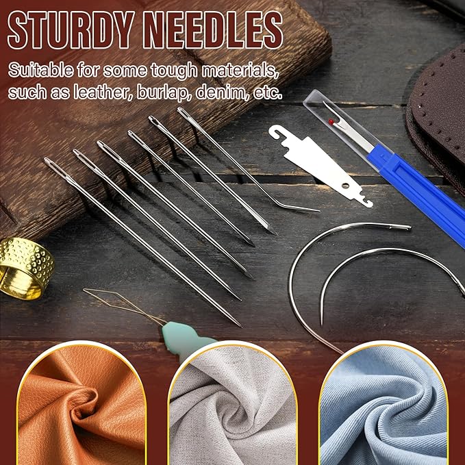 KAQRHFT Upholstery Repair Kit and Upholstery Needle, 0.55mm 98 Yard Waxed Thread with 8 Pcs Heavy Duty Leather Needles for Hand Stitching, Canvas & Quilting - Round Waxed Cord- Black/Brown/Beige