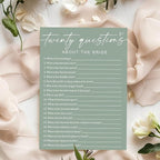 Bridal Shower Games Cards - Twenty Questions About The Bride for 25 Guests, Engagement Party Wedding Game, Minimalist Green Party Supplies - C05