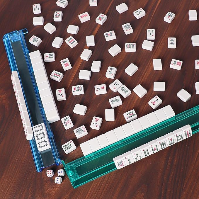 ZGME American Mahjong Set,166 White Tiles with Blue Rectangular Bag and Accessories,4 All-in-One Mahjong Racks with Pushers,Complete Western Mahjong Set