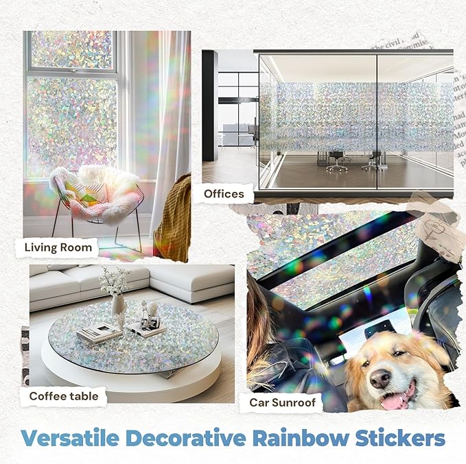 DOWELL Window Privacy Film Rainbow Film, Stained Glass Decorative Sticker, Static Cling Non-Adhesive Glass Clings, Sun Blocking Heat Control Window Coverings for Home Door, 17.5" x 78.7"