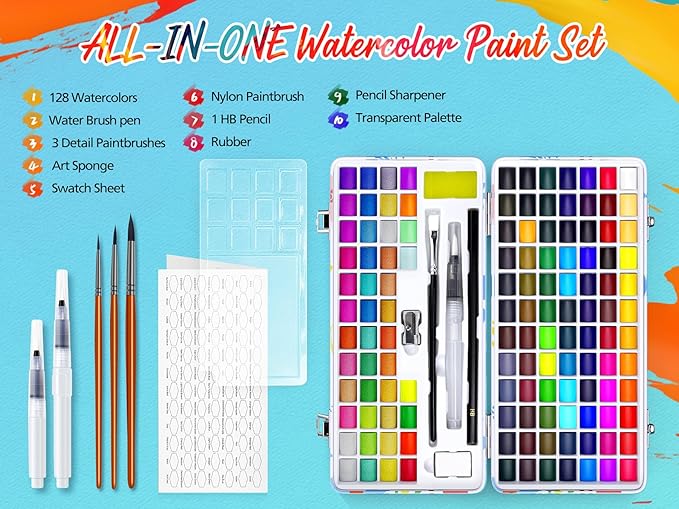 Caliart Watercolor Paint Set, 128 Colors with 4 Brushes Metallic Color Palette Kit, Portable Travel Watercolors Painting Gifts for Adults Artists Painters Beginners Art Supplies