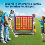 Giant 4 in a Row Game,Adjustable Height Board Jumbo 4-in-a-Row Game with Quick-Release Slider,Mini Basketball,Golf & Ring Toss Set for Family Party, Outdoor & Indoor