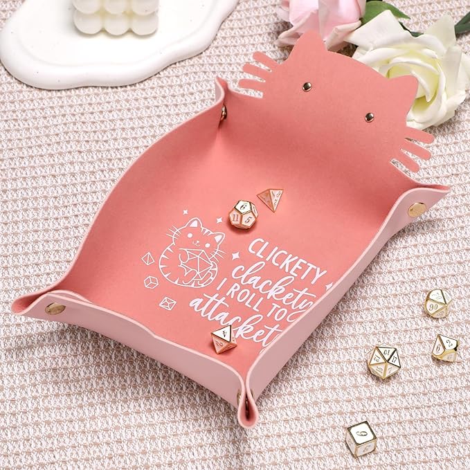 Cat Dice Tray Pinkk for Rolling Funny Folding Leather Dice Tray Portable Travelling Dice Storage Accessories Decorative Desk Organizer for RPG, DND Game Players