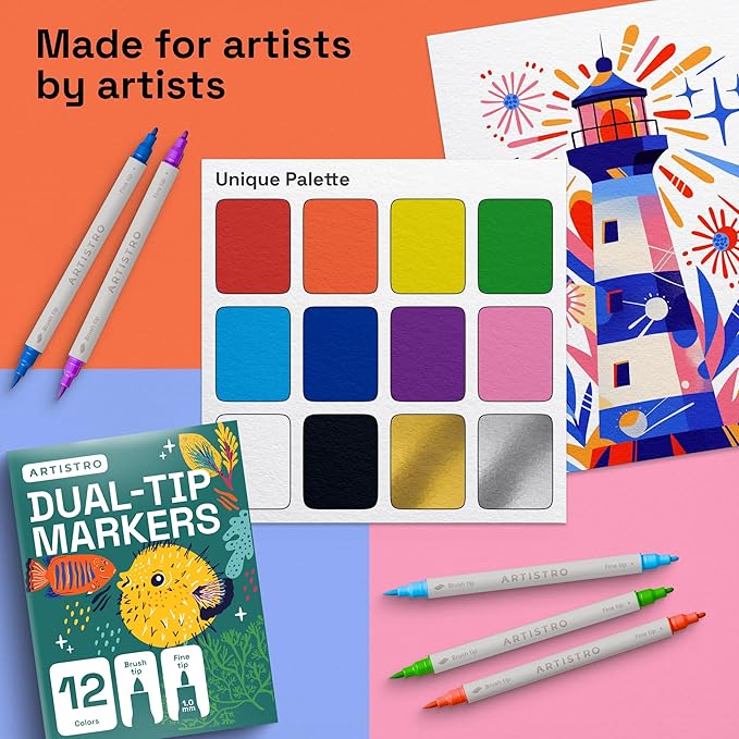ARTISTRO 12 Dual Tip Brush + Fine Acrylic Paint Markers - Easy for All Ages & Levels Paint Pens for Fabric, Rock, Glass, DIY - Halloween Pumpkin Painting Kit, Art Supplies, Christmas Gift