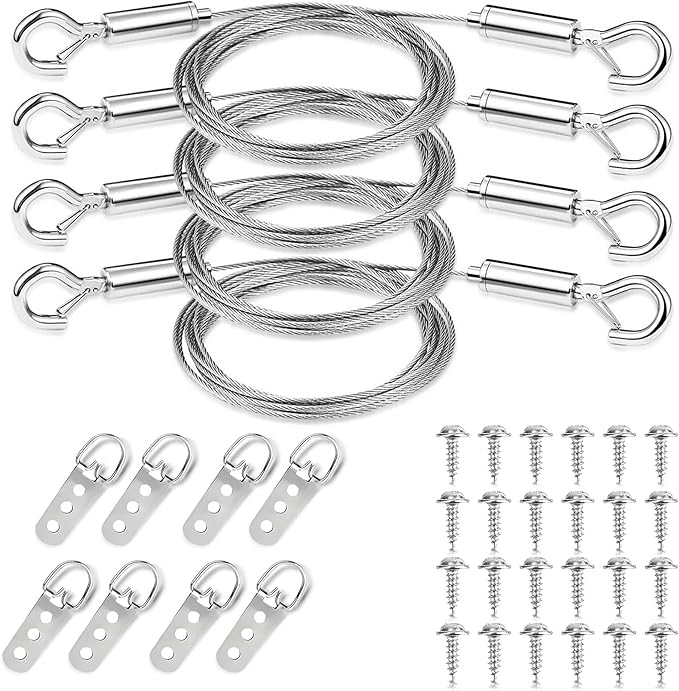 Picture Hanging Kit for Frames & Mirrors - Picture Hanging Wire Kit, 4 pcs Adjustable Wire 2 m (6.56 ft) x 1 mm with Clips, 50 lb; 8 3-Hole D-Ring Hangers; Braided Heavy Duty Cord; Wall Hardware, Art