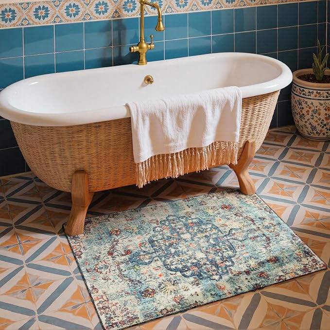 Lahome Bohemian Floral Medallion Area Rug - 2x3 Vintage Teal Distressed Small Entryway Rug Turkish Doormat Faux Wool Non-Slip Washable Low-Pile Carpet for Bathroom Kitchen Laundry Room Decor