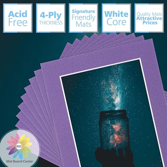 Mat Board Center, Pack of 10, 5x7 for 4x6 Color Mats - Bevel Cut, Acid Free, 4-ply Thickness, White Core - for Pictures, Photos, Framing, African Violet Color