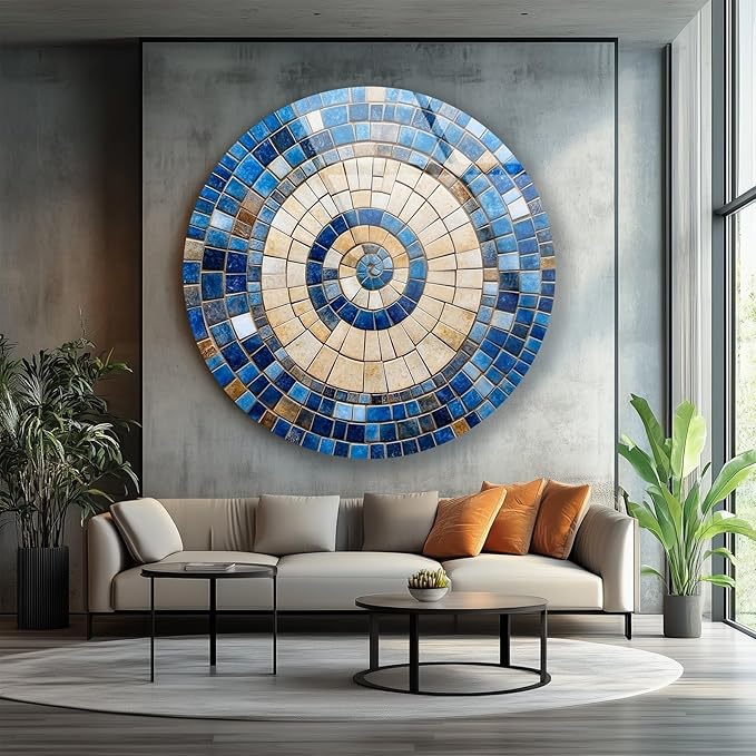 My Photostation.com 31.5''(80cm) Diameter Coastal Sunburst Beige & Blue Round Glass Wall Art Tempered Glass Printing Wall Decor Large Wall Art Wall Hangings