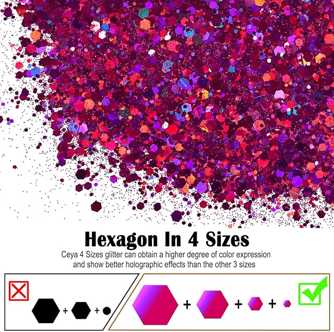 Ceya Holographic Chunky Glitter 4.9oz/ 140g Rose Red Craft Glitter Powder Mixed Chunky Fine Flakes Iridescent Nail Sequins Fe for Nail Art, Hair, Epoxy Resin, Tumblers, Slime, Painting, Festival Decor