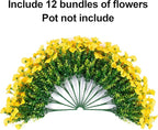 Fake Mums Fall Artificial Flowers Plants for Outdoors Autumn Decoration, 12 Bundles Yellow Silk Morning Glory with Eucalyptus Realistic UV Resistant Faux Flowers for Outside Planter Yard Garden Porch