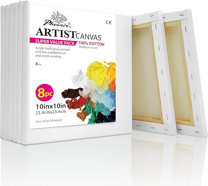 PHOENIX Square Canvas for Painting - 10x10 Inch/8 Value Pack, 8 Oz Triple Primed 5/8 Inch Profile 100% Cotton White Blank Canvas, Stretched Framed Canvas for Oil Acrylic