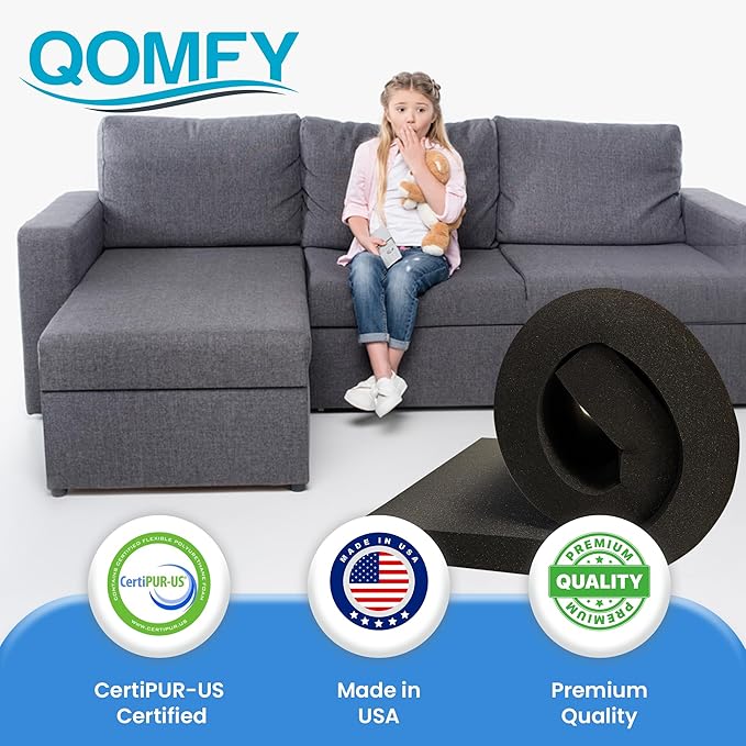 QOMFY 4" Height x 12" Width x 48" Length Charcoal Upholstery Foam Sheet | Made in USA | Multi-Purpose Foam for Upholstery, DIY, Packaging & Acoustic Projects