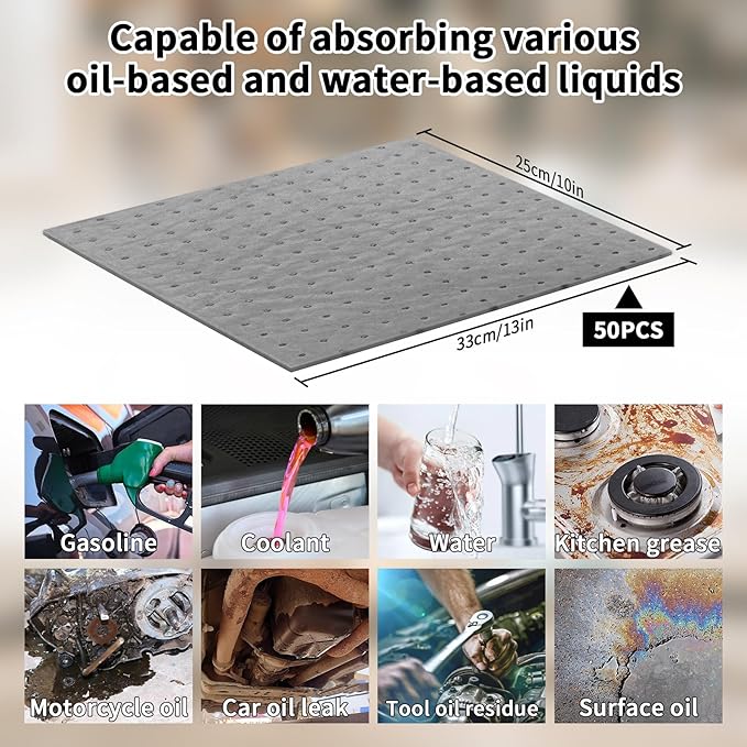 Oil Absorbent Pads Weight Dimpled Pad Garage Accessories Water Absorbent Mat Oil Spill Mat for Oil-Based & Water-Based Fluids Absorbing & Protecting Home Garage Basement (Gray,9.8'' x 13'') (10PCS)