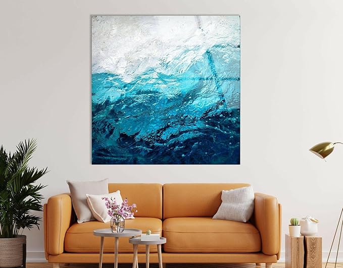 My Photostation.com 28Wx18H'' Blue Waves Abstract Glass Wall ArtTempered Glass Printing Wall Decor Large Wall Art Wall Hangings