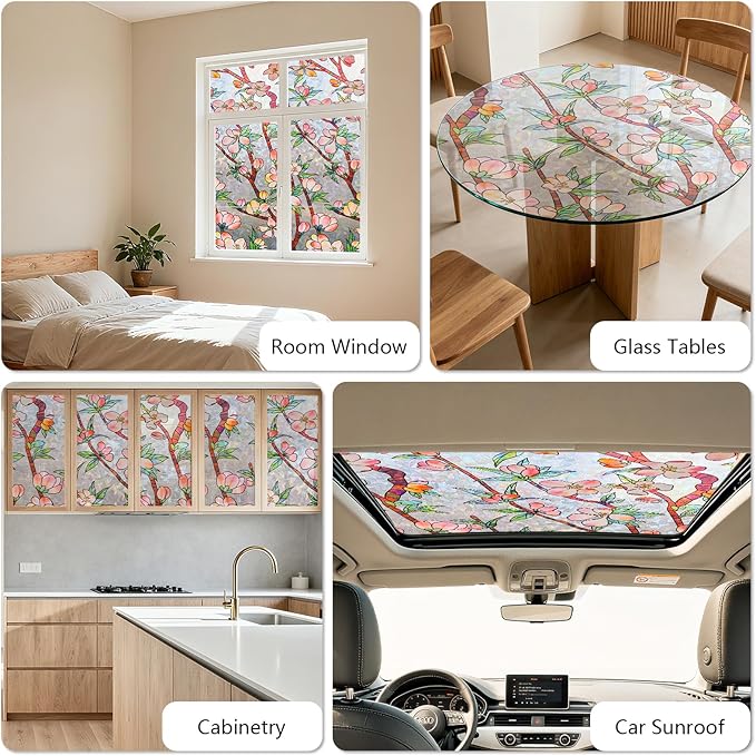 NINETREX Window Privacy Film,3D Stained Glass Window Film,Rainbow Static Cling Stickers Blocks Heat & UV,Non-Adhesive Vinyl for Home Door (Peach Blossom,17.5 x 157.4inch)