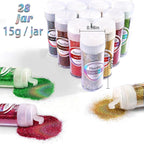 Renfio 28 Colors Holographic Glitter Set, 14.81oz 420g Ultra Fine Glitter Powder PET 1/128" 0.008" 0.2mm Resin Suppies Assorted Craft Glitter for Fake Nails, Resin Art, Tumblers, Slime, Hair, Bomb