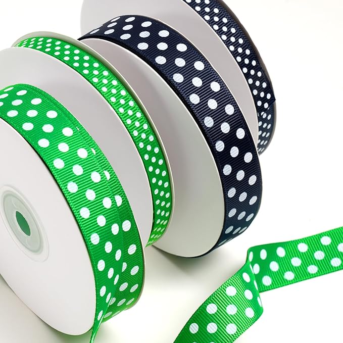 Polka Dot Grosgrain Ribbon 3/4 Inch, 25 Yards Spool Green and White Polka Dot Ribbon for Christmas Gift Wrapping DIY Crafts Hair Bows Wedding Party Decor Sewing and Home Decoration