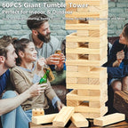 ApudArmis Giant Tumble Tower Stack to Over 5.2Ft, 60 PCS Pine Wooden Stacking Timber Tower,Classic Block Giant Outdoor Indoor Game for Adults, Fun Game at Backyard, Lawn, Party with Family & Friends