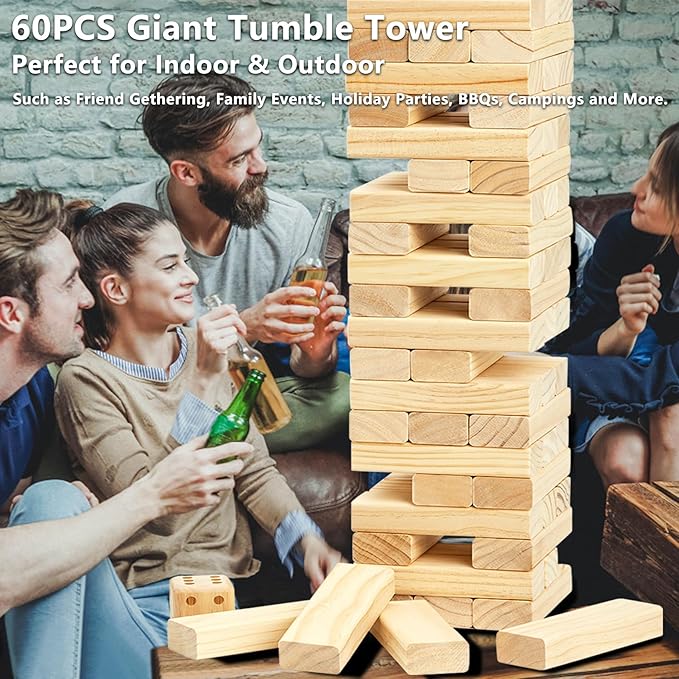 ApudArmis Giant Tumble Tower Stack to Over 5.2Ft, 60 PCS Pine Wooden Stacking Timber Tower,Classic Block Giant Outdoor Indoor Game for Adults, Fun Game at Backyard, Lawn, Party with Family & Friends