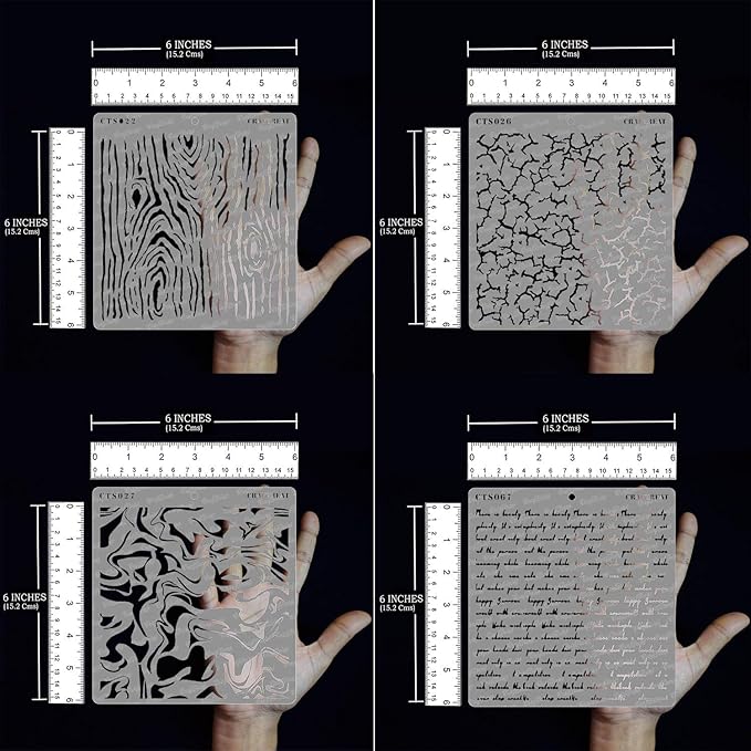 CrafTreat Reusable Pattern Stencils for Painting on Wood, Canvas, Paper, Fabric, Floor, Wall and Tile - Woodgrain, Crackle, Marble and Script - 4 Pcs - 6x6 Inches Each - DIY Art and Craft Stencils