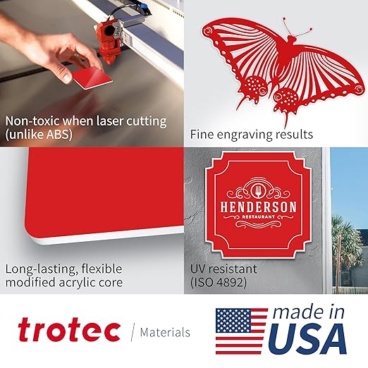 Trotec TroLase | 12"x24"x1/8", 4 Pcs | Red/White | 2 Ply | Modified Acrylic | Laser Engraving Double Color Plastic Sheet | Engraving Blanks for Laser, Saw, Guillotine | Made in USA
