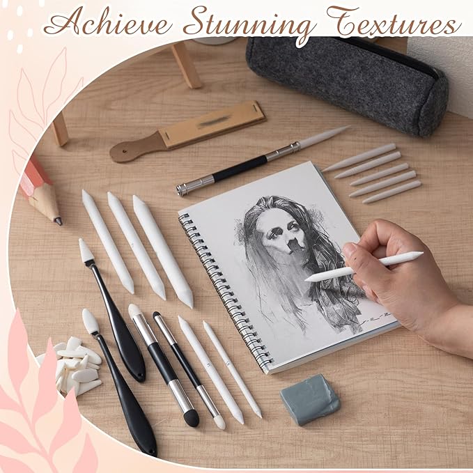AmazingSpark 40 Pcs Blending Stumps for Drawing Set Sketch Drawing Tools Accessories with Sandpaper Pencil Sharpener Extension Tool Erasers, Sponge Replacement Heads & Felt Bag for Charcoal Sketch