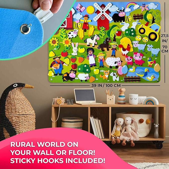 QUOKKA Farm Felt Board for Toddlers - 70 PCS Double-Thick Felt Board Story Set with Large 41x30 Inch Durable Wall Activity Boards - Ideal for Storytelling Indoor Toddler Activities and Classroom