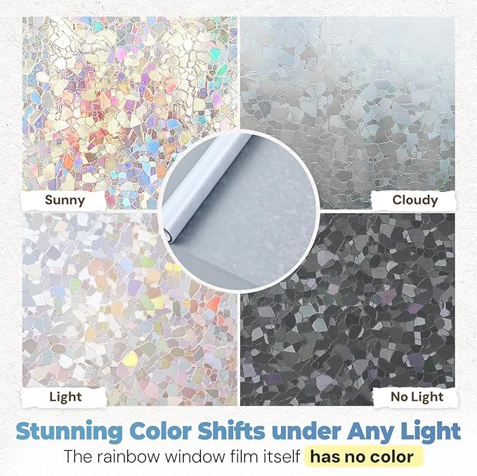 DOWELL Window Privacy Film Rainbow Film, Stained Glass Decorative Sticker, Static Cling Non-Adhesive Glass Clings, Sun Blocking Heat Control Window Coverings for Home Door, 17.5" x 157.4"