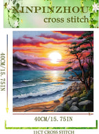 Xinpinzhou Seaside Landscape 11ct Cross Stitch Kits, 11 CT Funny Pre Printed Counted Stamped Cross Stitch Embroidery Needlepoint Patterns Kits for Beginners Adults Crossstitch 40x40 cm