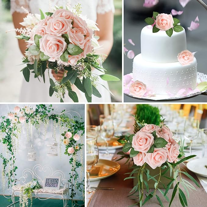 AmyHomie Artificial Flower Blush Pink Rose 25pcs Real Looking Fake Roses w/Stem for DIY Wedding Bouquets Centerpieces Arrangements Party Baby Shower Home Decorations