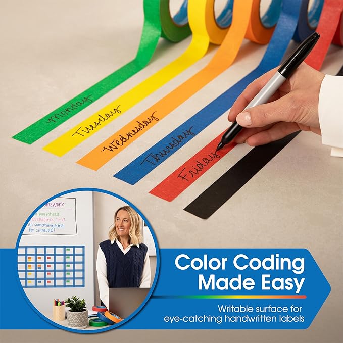 SPARTAN INDUSTRIAL - 1" X 60 yd Blue Tape - 6 Colored Masking Tape Rolls for Home, Office, School Use - No Residue, 5.5 Mil