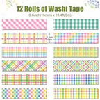 12 Rolls Plaid Washi Tape Set, Colorful Pastel Buffalo Plaid Checkered Masking Decorative Adhesive Tapes for DIY Craft Scrapbook Journals Gift Wrapping Thanksgiving Christmas Party Decor 16.4FT