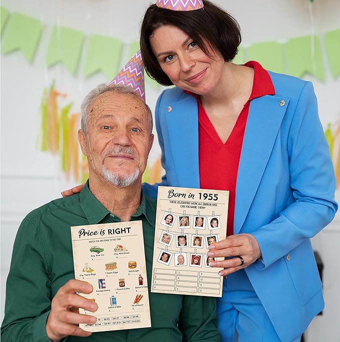 70th Birthday Party Games, Set of 2 Activities for 15 Guests, Born in 1955 Games Bundle, Birthday Party Supplies for Adults, Pack of 30 Cards