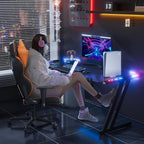 HLDIRECT 55 Inch Gaming Desk with LED Lights Carbon Fibre Surface Gaming Table Large Computer Desk Ergonomic Home Office Desks Z Shaped PC Gamer Workstations with Cup Holder & Headphone Hook Black