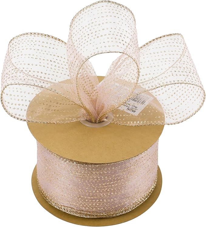 MEEDEE Rose Gold Sheer Glitter Wired Ribbon 2.5 Inch Horizontal Stripes Polka Dot Christmas Ribbon Organza Sheer Glitter 25 Yards for Christmas Tree, Wreath, Bow Making