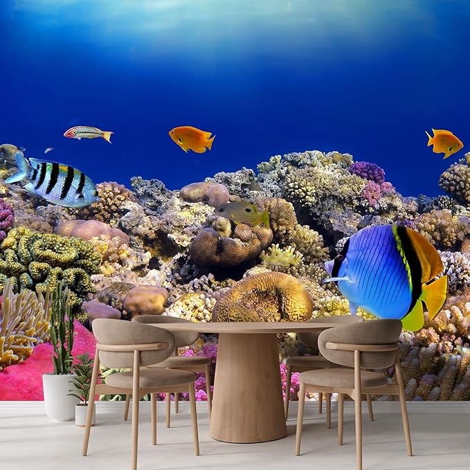 wall26 Wall Sticker/Wall Mural Tropical Blue Fish Coral Reef Ocean Seascape Nature Wilderness, Not Peel and Stick, Non-Woven Wallpaper Decorative for Bedroom, Living Room,Office - 132x120 inches
