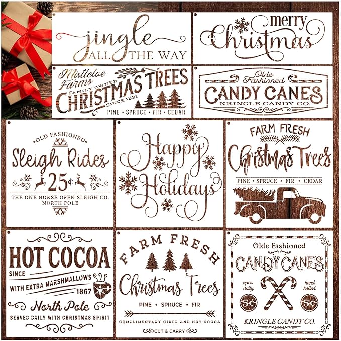 10 Pieces Large Christmas Stencils for Painting on Wood, Reusable Merry Christmas Stencil Candy Cane Christmas Tree Farm Template Holiday Stencils for Wood Sign DIY Crafts (10Pieces large christmas-1)