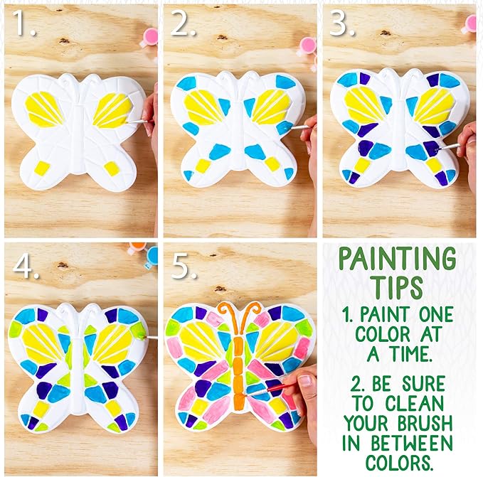Creative Roots Mosaic Butterfly Stepping Stone Kit, Includes 7-Inch Ceramic Stepping Stone & 6 Vibrant Paints, Paint Your Own Stepping Stone, DIY Stepping Stone for Kids Ages 8+ White