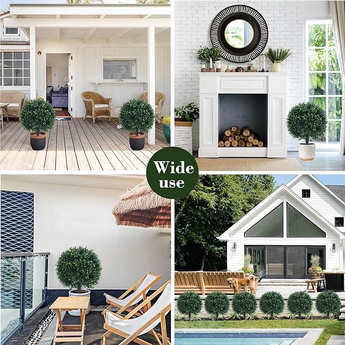 Artificial Boxwood Topiary Ball Bush for Outdoor with Spike, UV Resistant Faux Boxwood Ball Tree with Stake for Outside Set of 2, Weatherproof Round Fake Shrubs for Entryway Front Porch