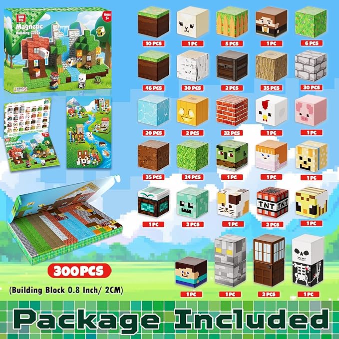300 PCS Magnetic Blocks - Magnetic Building Blocks Cubes, Magnet Toys for Kids Age 3+, Toy Building Set for Kids, Magnets Stacking Construction Birthday Gifts for Boys Girls Age 4-8, 8-12
