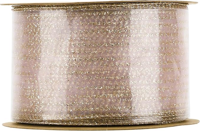 MEEDEE Rose Gold Sheer Glitter Wired Ribbon 2.5 Inch Horizontal Stripes Polka Dot Christmas Ribbon Organza Sheer Glitter 25 Yards for Christmas Tree, Wreath, Bow Making
